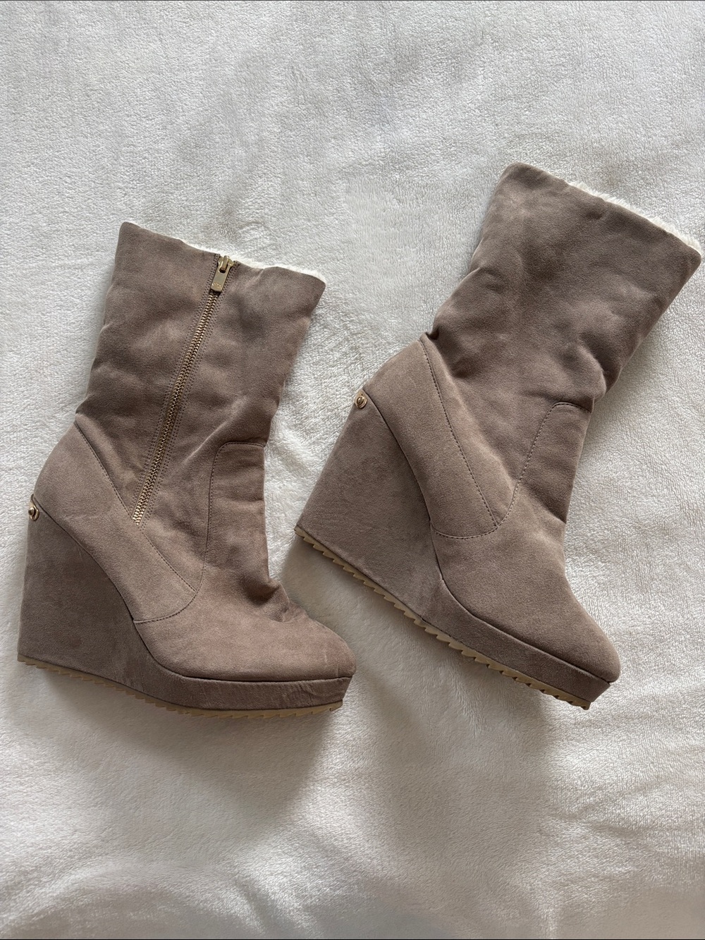 Vintage Juicy Couture Taupe Wedge Booties with Shearling Trim